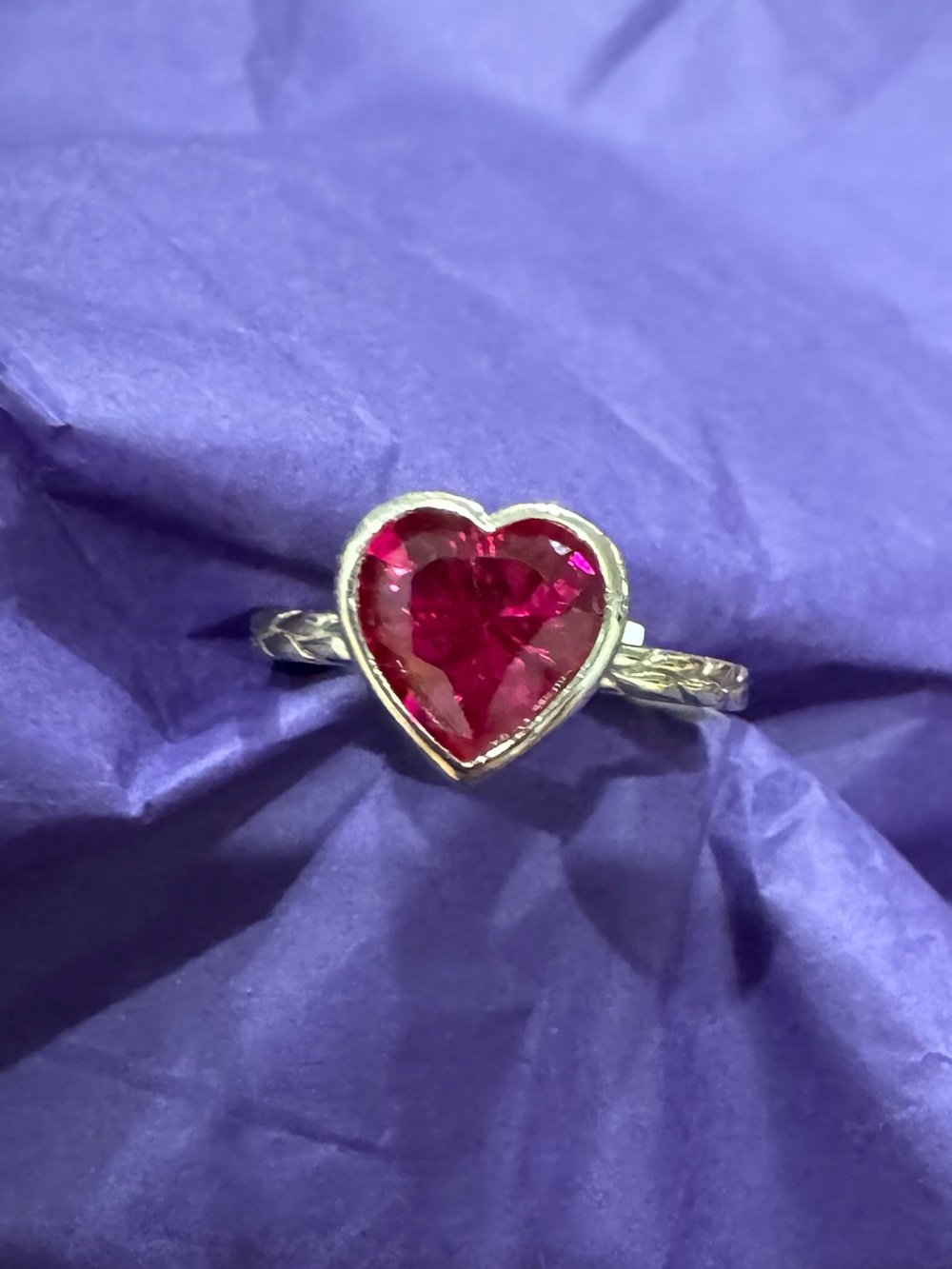 Melinda Maria Gold Tone Ring with Heart-Shaped Simulated Ruby- Size 6